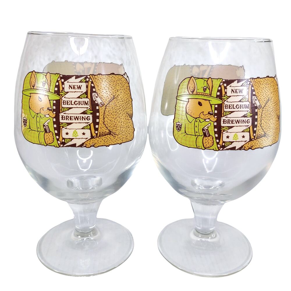 New Belgium Brewing Tulip Beer Glasses Snifter Pair 2014 Garden Rabbit - Picture 2 of 7